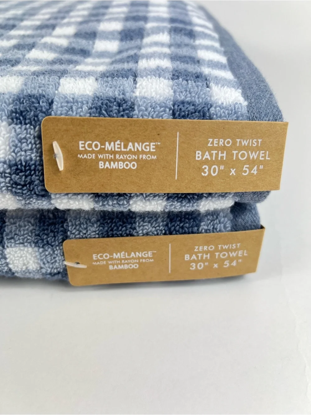 Common Thread Bamboo Bath Towels Blue White Check Soft Cotton Blend 2 Pc NEW